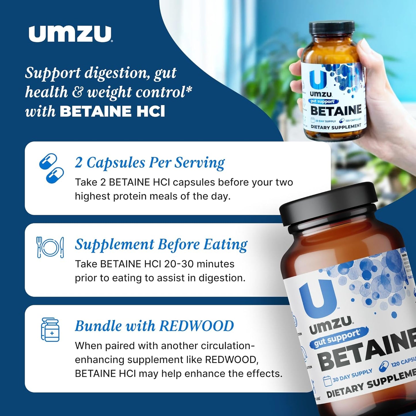 UMZU Betaine HCl Supplement | Promotes Digestive Health, Nutrient Absorption & Cardiovascular Support | Natural Gut Health Aid (120 Capsules)