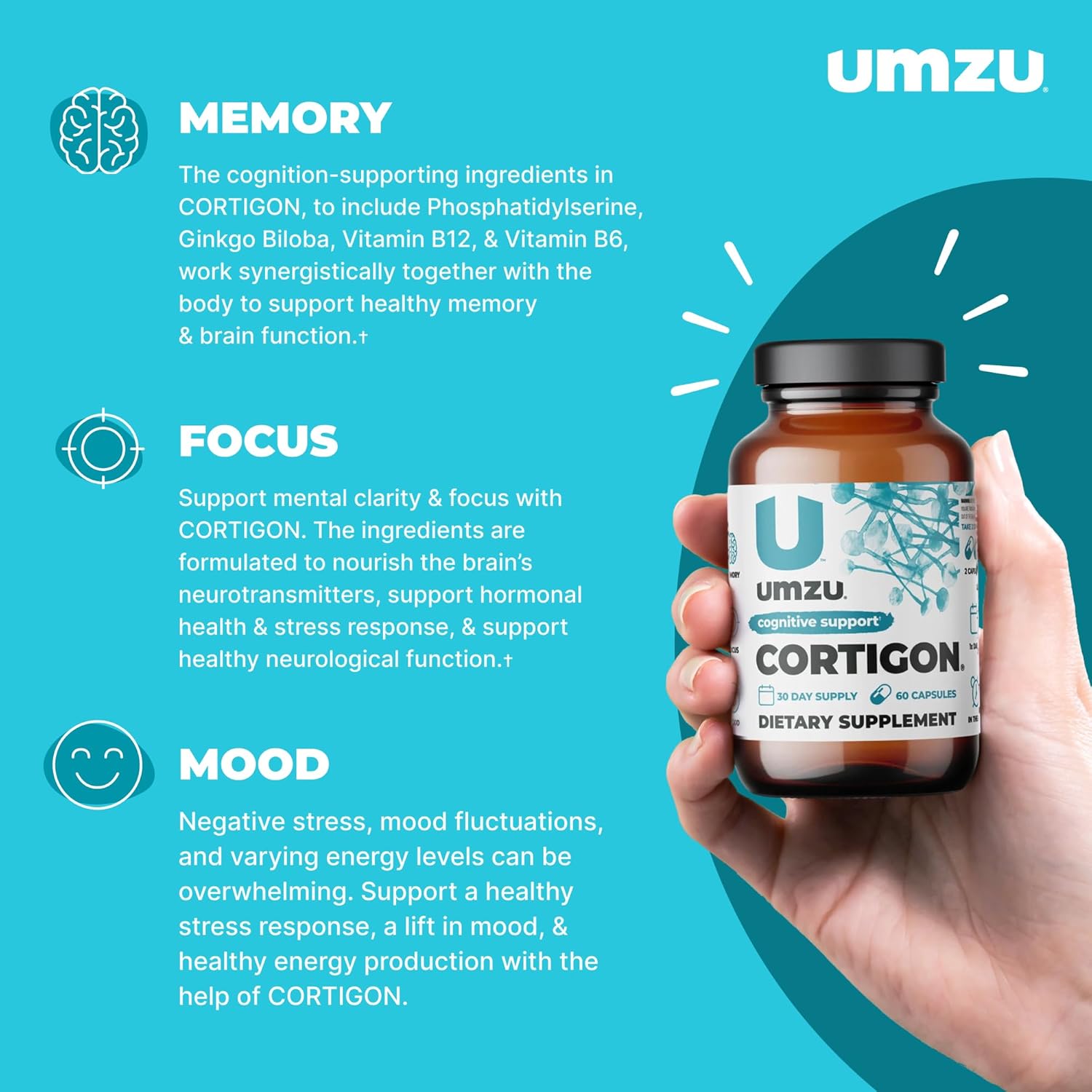 UMZU CORTIGON | Natural Stress Support Complex with Ginkgo Biloba & B Vitamins | Memory, Focus & Mood Aid | 30 Day Supply