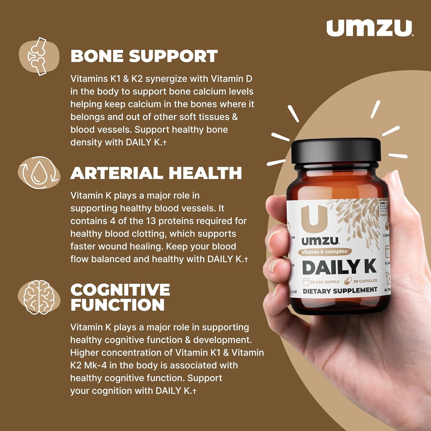 UMZU Daily K Vitamin Complex with K1, MK4 & MK7 for Bone, Cardiovascular, Blood Flow & Cognition Support - Liquid D3 Added (30 Day Supply)