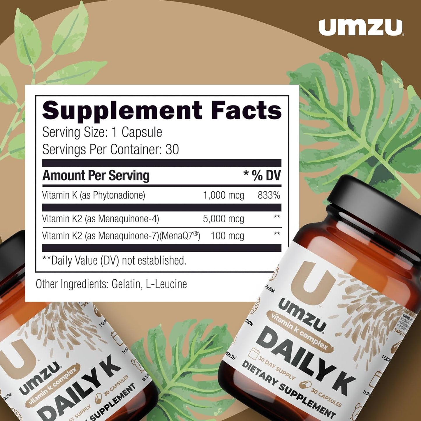 UMZU Daily K Vitamin Complex with K1, MK4 & MK7 for Bone, Cardiovascular, Blood Flow & Cognition Support - Liquid D3 Added (30 Day Supply)