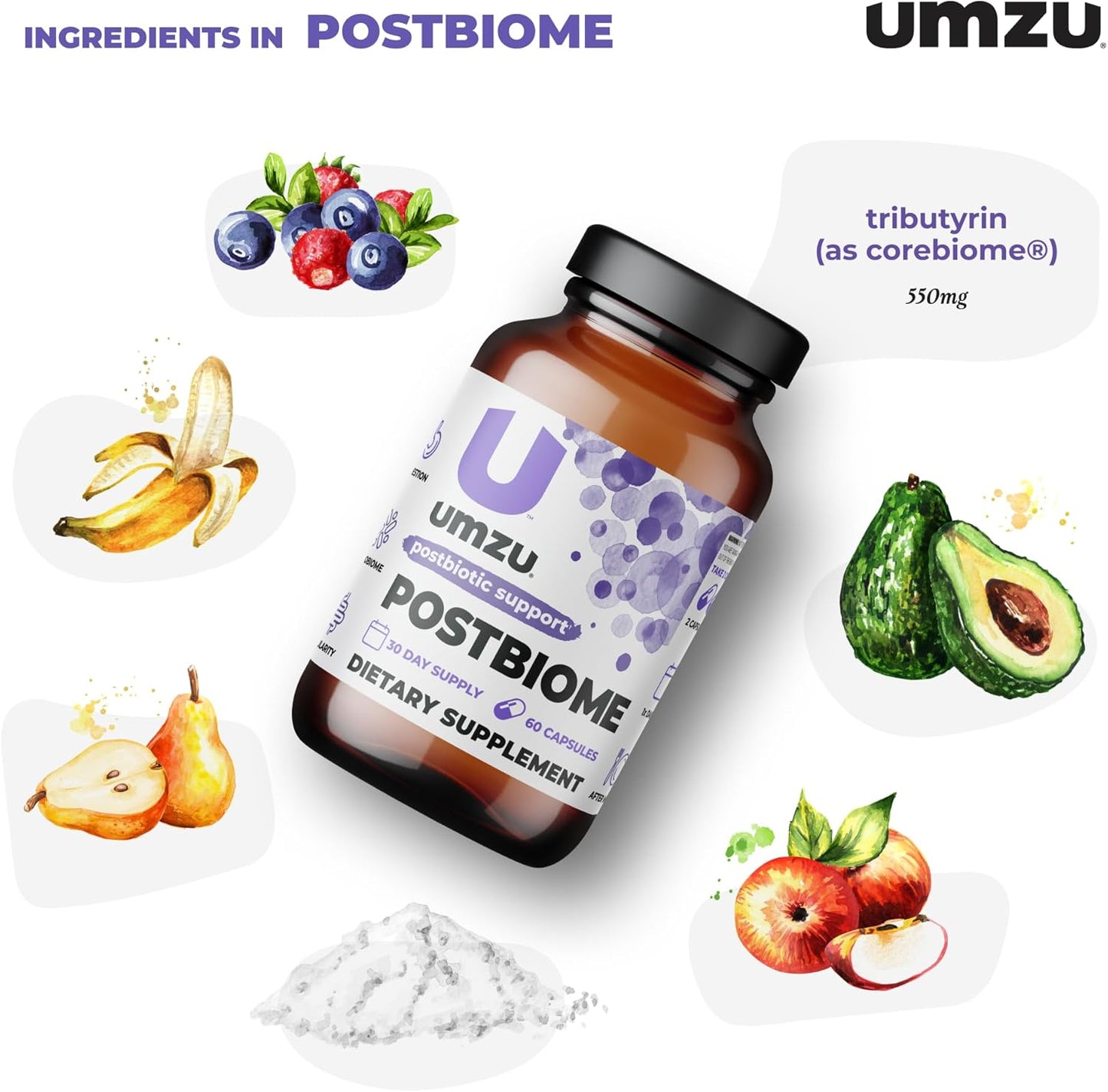 UMZU Postbiome Postbiotic Supplement with Tributyrin for Gut Health & Well-Being (60 Capsules)