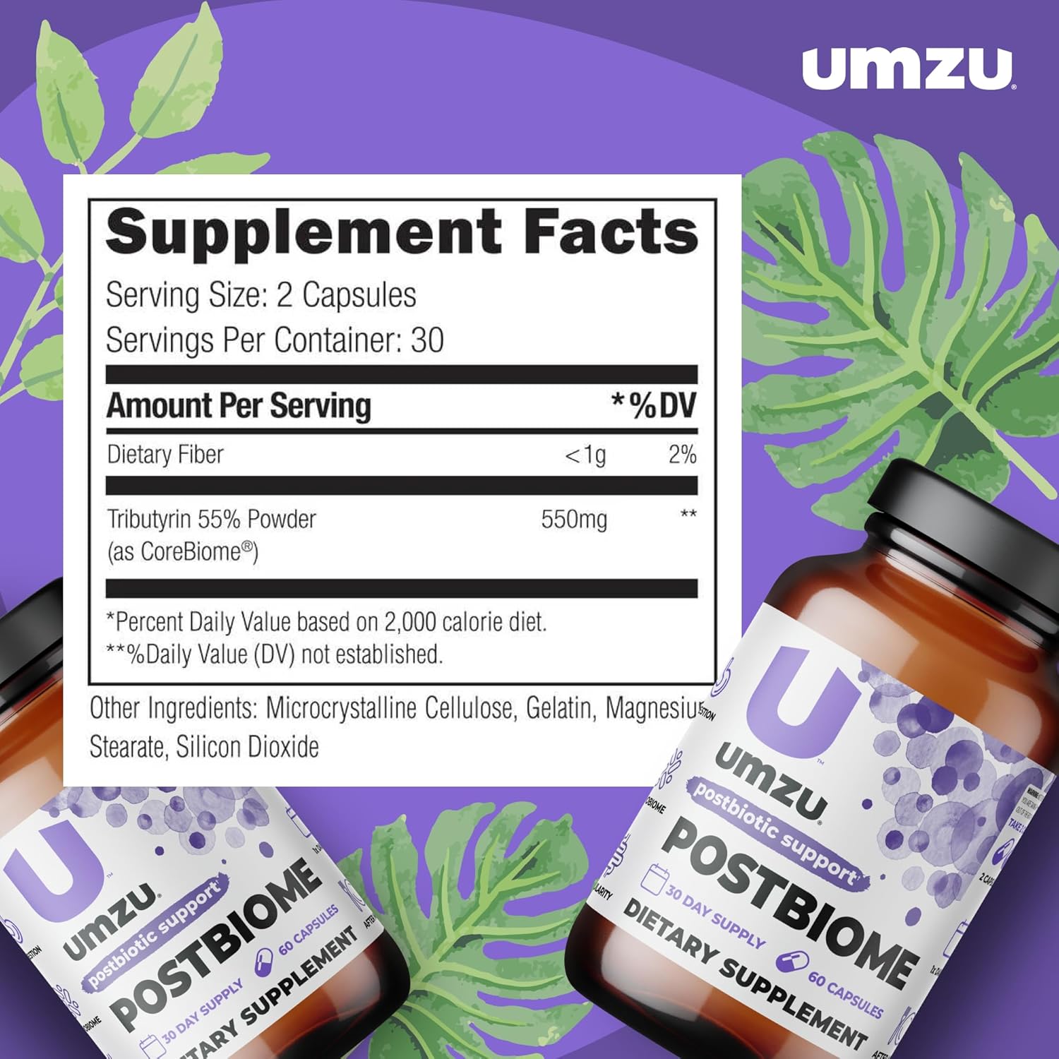 UMZU Postbiome Postbiotic Supplement with Tributyrin for Gut Health & Well-Being (60 Capsules)
