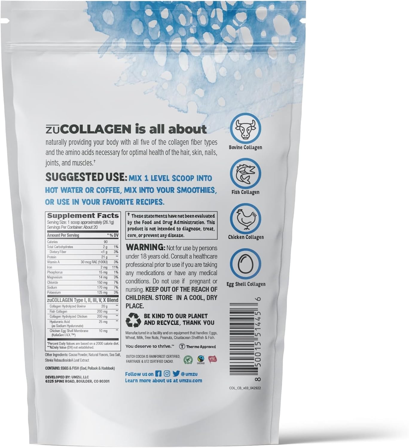 UMZU ZuCollagen Hydrolyzed Protein Powder - 5 Collagen Peptide Types for Hair, Skin, Nails, Joints & Gut - Low Calorie, High Protein (20g/serving - Chocolate)