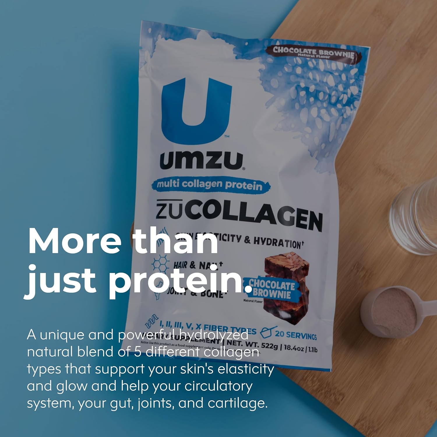 UMZU ZuCollagen Hydrolyzed Protein Powder - 5 Collagen Peptide Types for Hair, Skin, Nails, Joints & Gut - Low Calorie, High Protein (20g/serving - Chocolate)