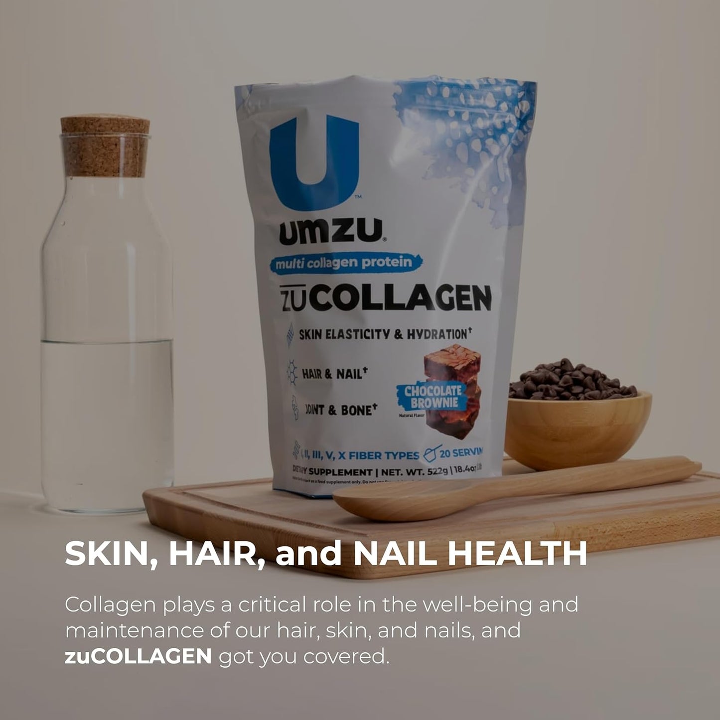 UMZU ZuCollagen Hydrolyzed Protein Powder - 5 Collagen Peptide Types for Hair, Skin, Nails, Joints & Gut - Low Calorie, High Protein (20g/serving - Chocolate)