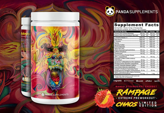 Underground Bio Labs™ Panda Supps: Rampage Chaos Pre-Workout - High Stim, Maximum Pump, Focus, Energy - Strawberry Mango Sherbet (40 Servings)