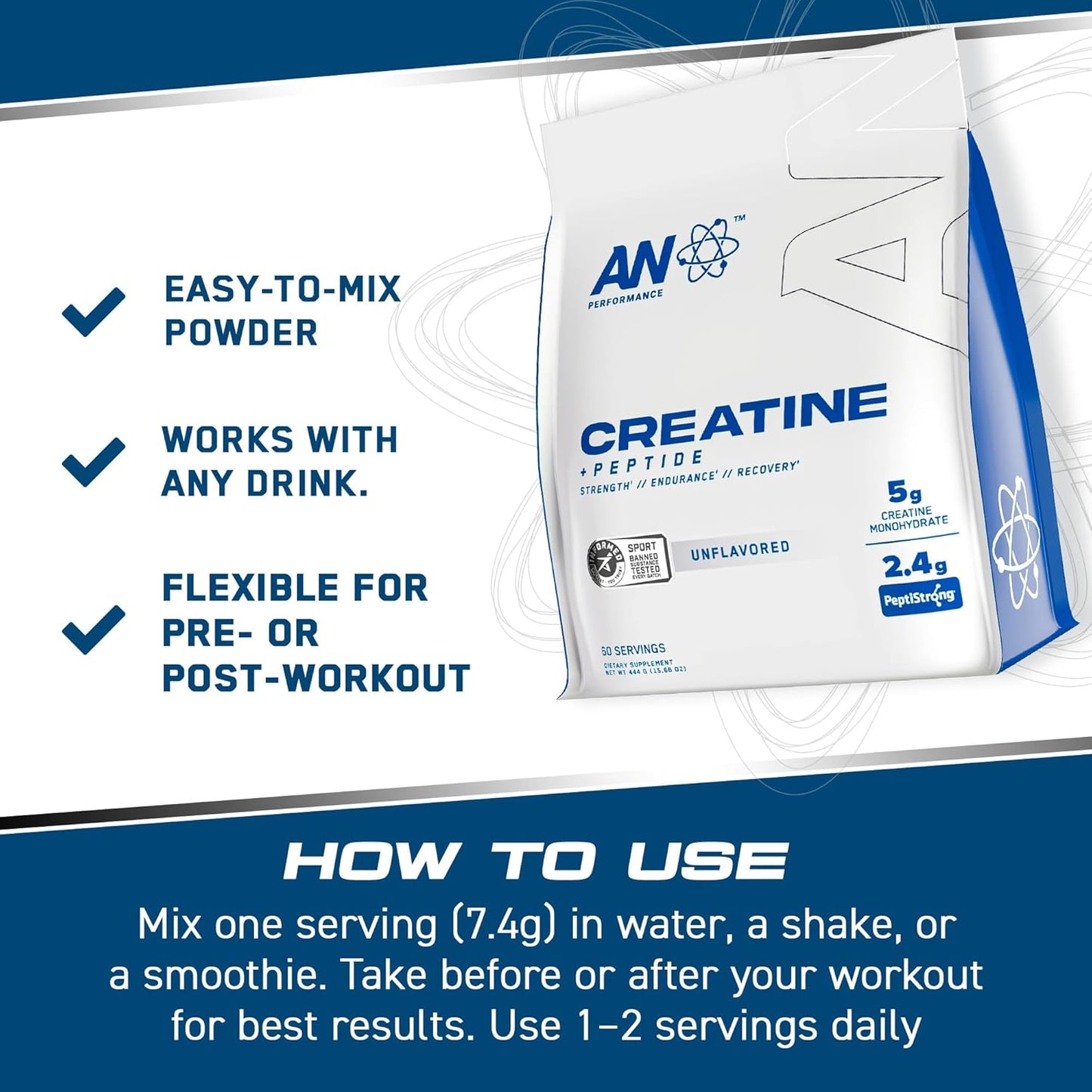 Unflavored AN Performance Creatine + Peptide - 5g Creatine Monohydrate, 2.4g PeptiStrong - Gluten-Free, Low Carb, Keto Friendly - 60 Servings