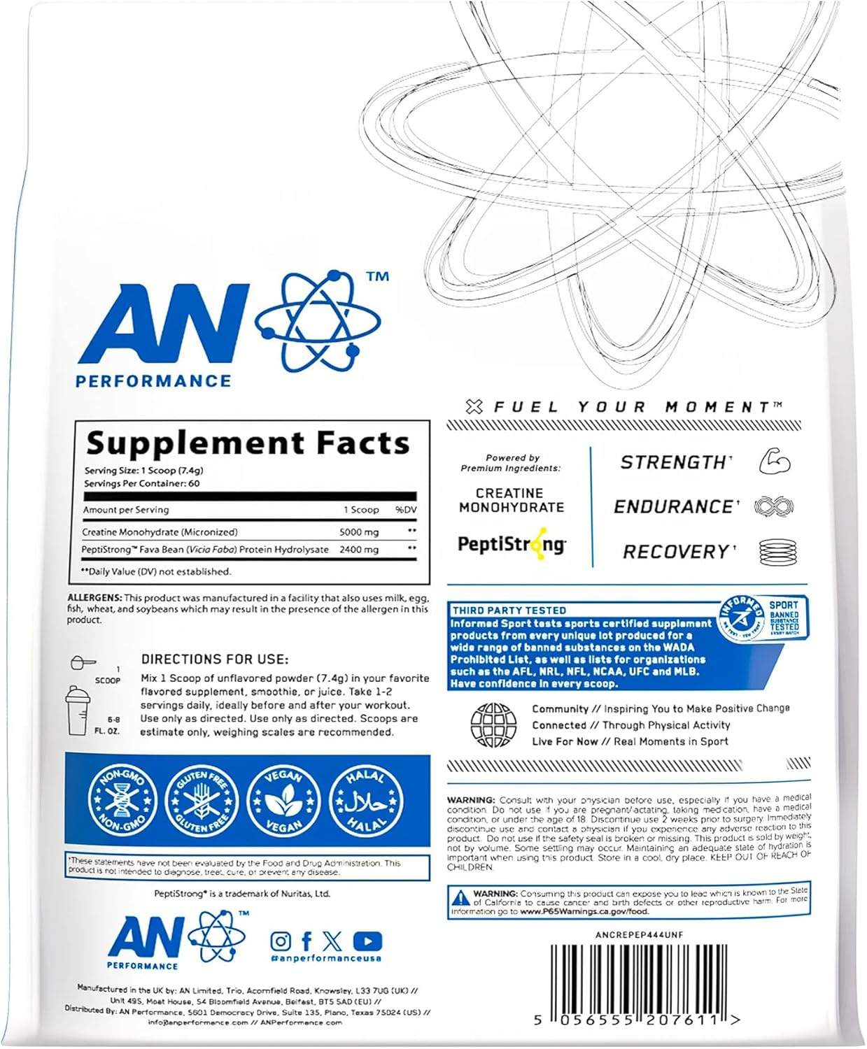 Unflavored AN Performance Creatine + Peptide - 5g Creatine Monohydrate, 2.4g PeptiStrong - Gluten-Free, Low Carb, Keto Friendly - 60 Servings