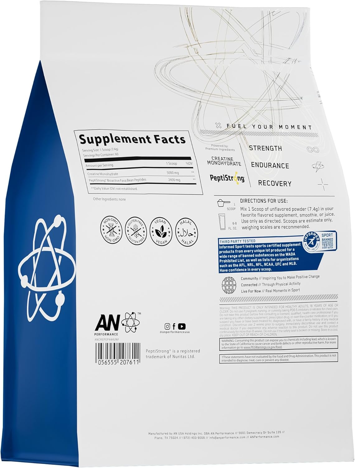 Unflavored AN Performance Creatine + Peptide - 5g Creatine Monohydrate, 2.4g PeptiStrong - Gluten-Free, Low Carb, Keto Friendly - 60 Servings