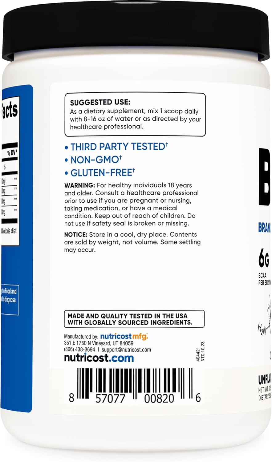 Unflavored BCAA Powder 2:1:1 - 60 Servings, Vegetarian, Non-GMO, Gluten-Free Amino Acids for Muscle Recovery