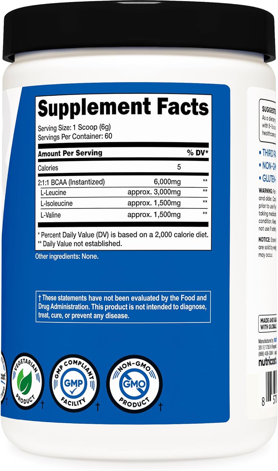 Unflavored BCAA Powder 2:1:1 - 60 Servings, Vegetarian, Non-GMO, Gluten-Free Amino Acids for Muscle Recovery