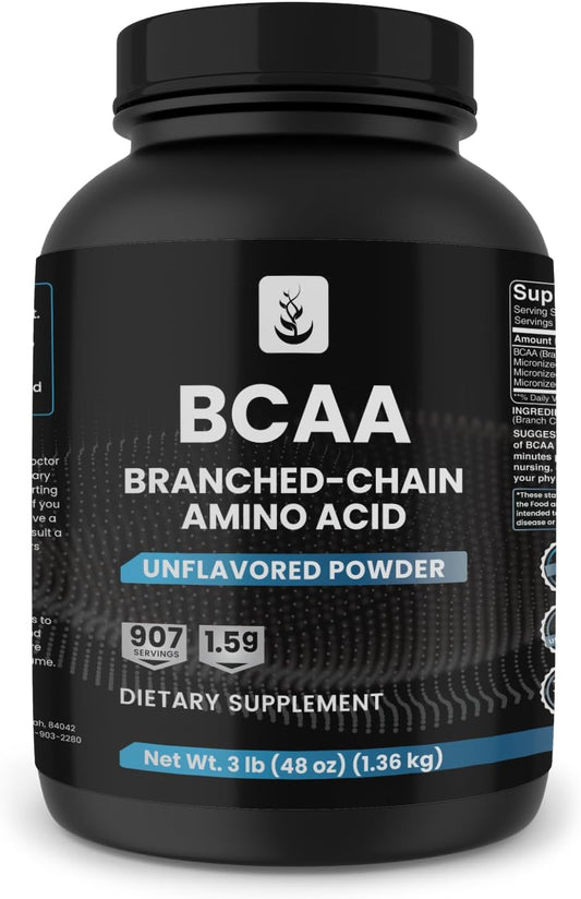 Unflavored BCAA Powder, 3 lbs, 2:1 Ratio, 907 Servings, Pure Ingredients, No Additives