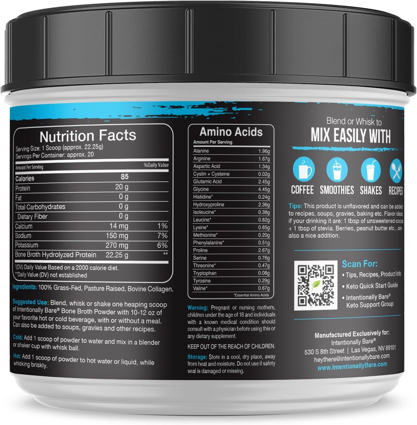 Unflavored Bone Broth Collagen Peptides Powder - Dairy Free Type 1 & 3, Pasture Raised, Grass Fed Protein for Gut & Joints - 20 Servings