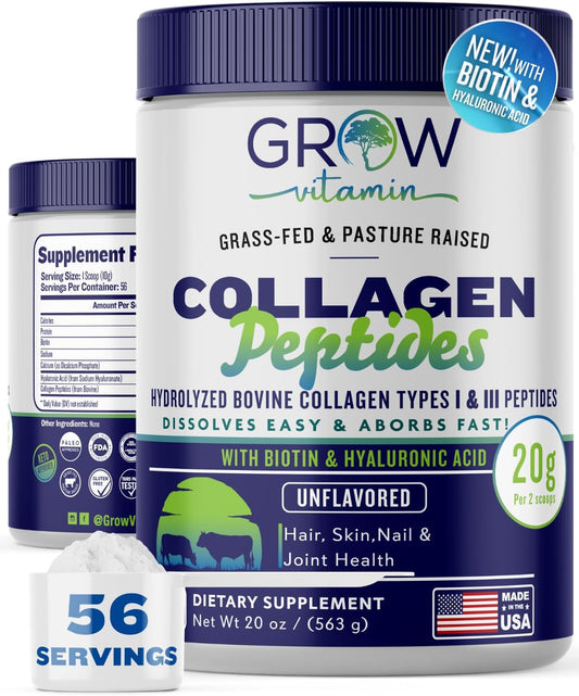 Unflavored Collagen Peptides Powder with Hyaluronic Acid & Biotin - Grass Fed Hydrolyzed Type I & III Collagen Supplements for Hair, Nail, Skin & Joint Support - 56 Servings - 20g