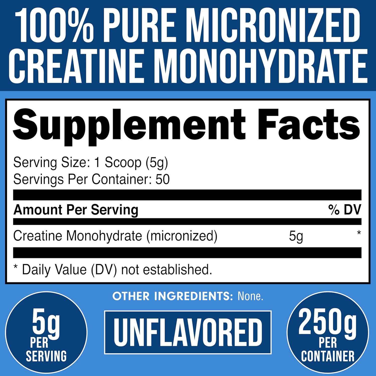Unflavored Micronized Creatine Monohydrate Powder - 5g Per Serving - 50 Servings - 250g Jar - Ideal for Men and Women