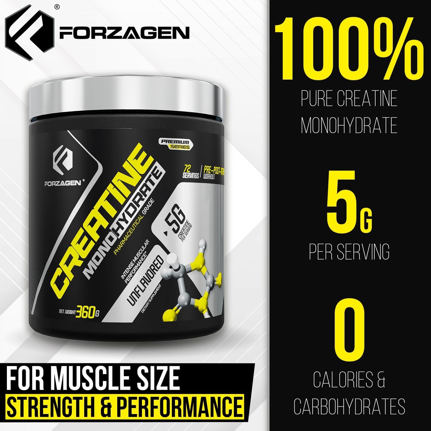 Unflavored Micronized Creatine Monohydrate Powder for Muscle Gain - 72 Servings for Men and Women