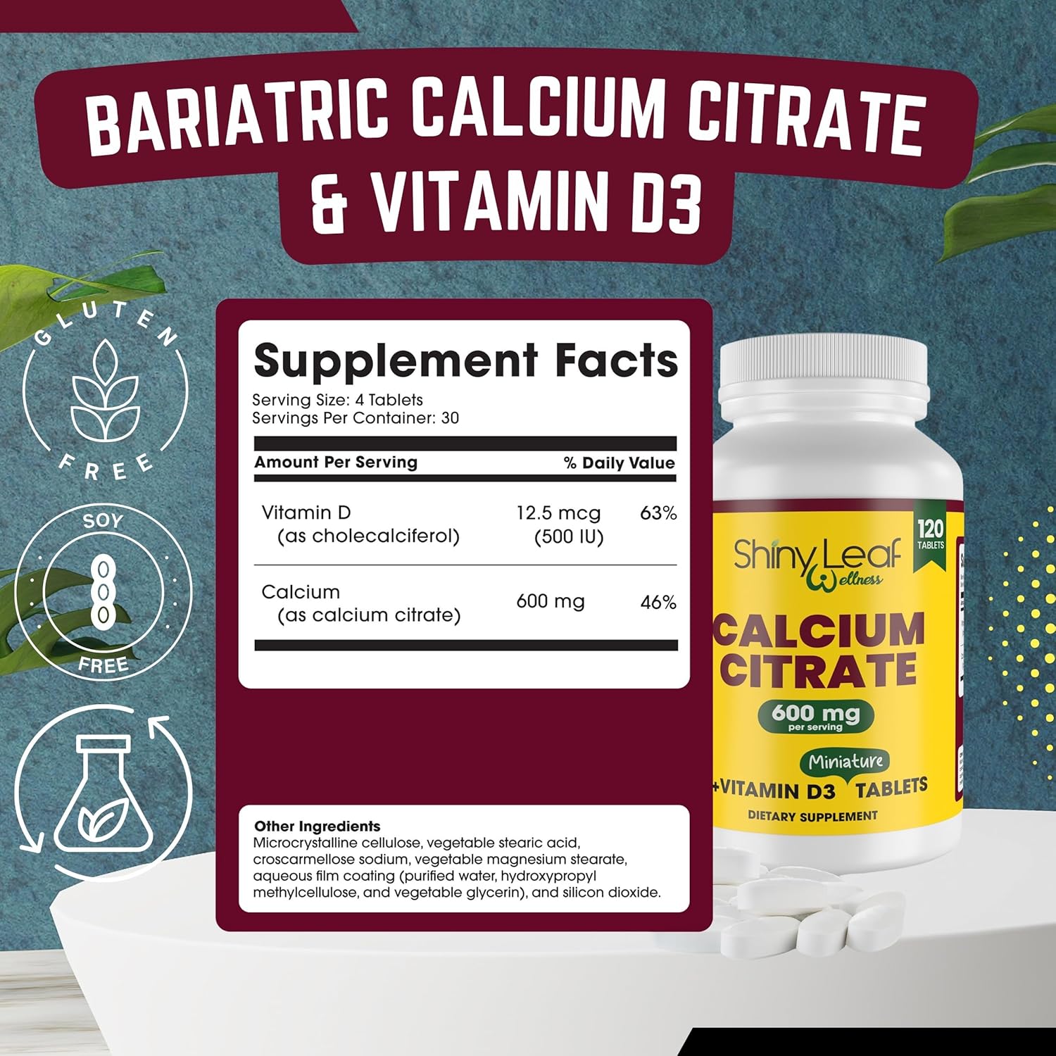 Unflavored Mini Calcium Citrate 600mg Tablets with Vitamin D3 for Women and Men - Easy Swallow Supplement - 60 Day Supply by Shiny Leaf