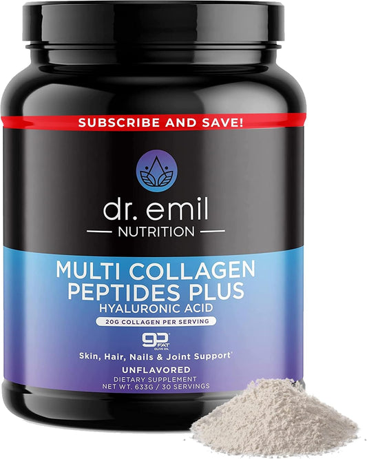 Unflavored Multi Collagen Peptides Powder with Hyaluronic Acid - 20g Protein for Hair, Skin, Nails, Joints - 30 Servings by Dr. Emil Nutrition