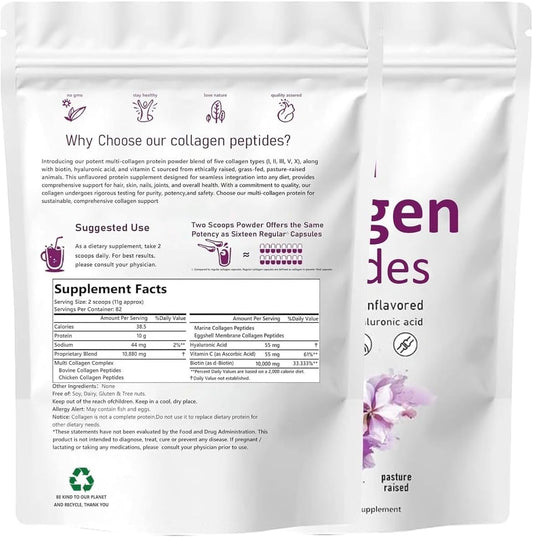 Unflavored Multi Collagen Peptides with Biotin, Vitamin C, Hyaluronic Acid - 1lb Grass-Fed, Pasture-Raised Formula
