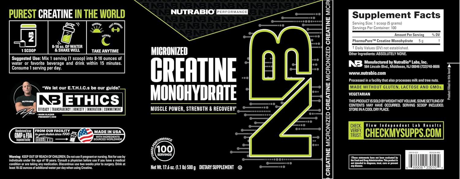 Unflavored NutraBio Creatine Monohydrate Powder (500g) for Muscle Energy, Recovery, Strength - Men and Women - Supplement