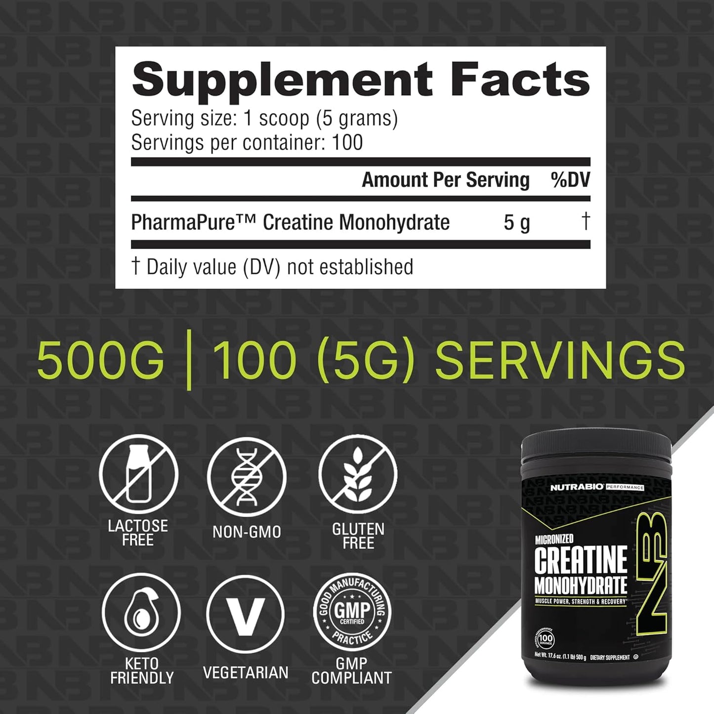 Unflavored NutraBio Creatine Monohydrate Powder (500g) for Muscle Energy, Recovery, Strength - Men and Women - Supplement