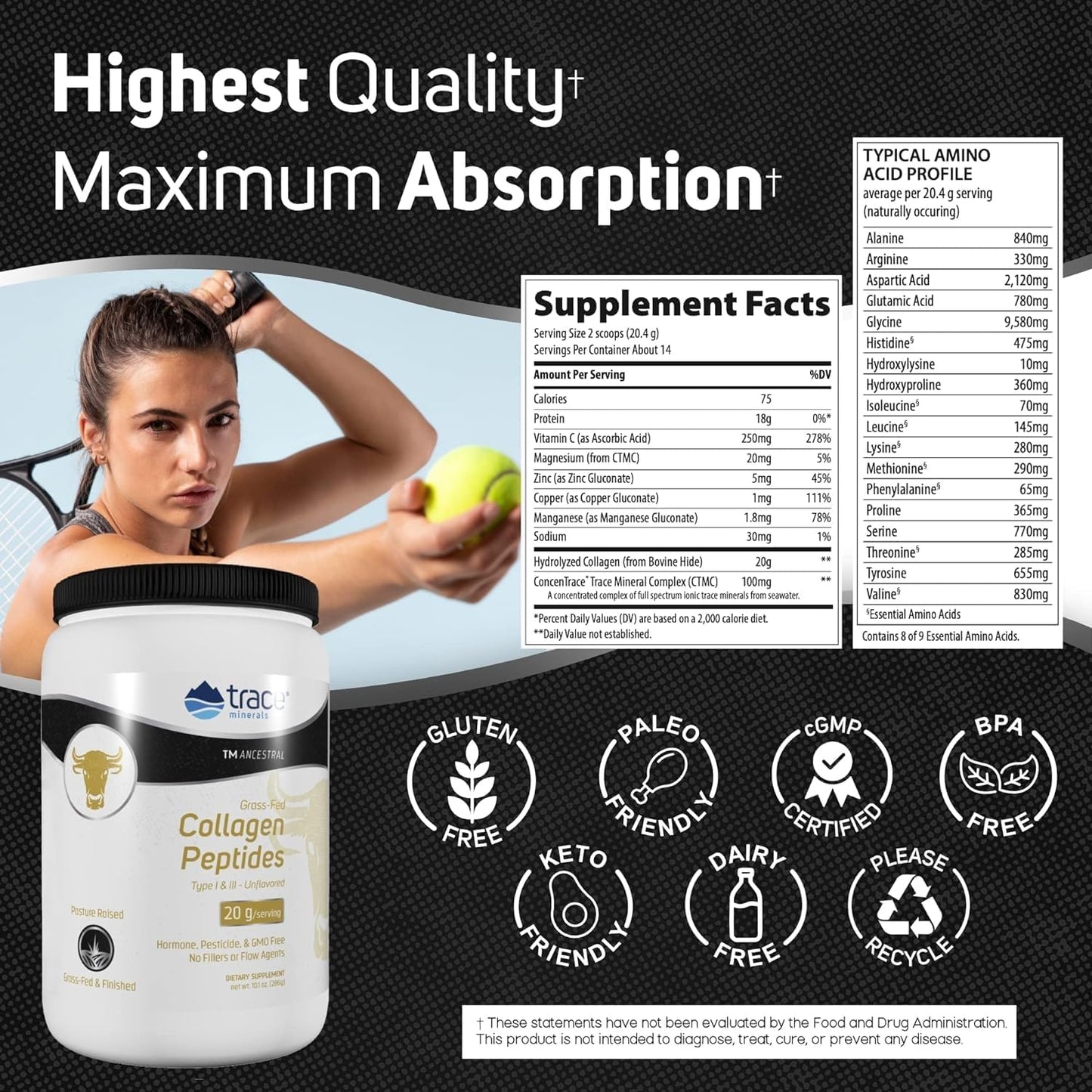Unflavored Trace Minerals Collagen Peptides Powder - Supports Bone, Joint, Hair, Skin & Gut Health - 286g (14 Servings)