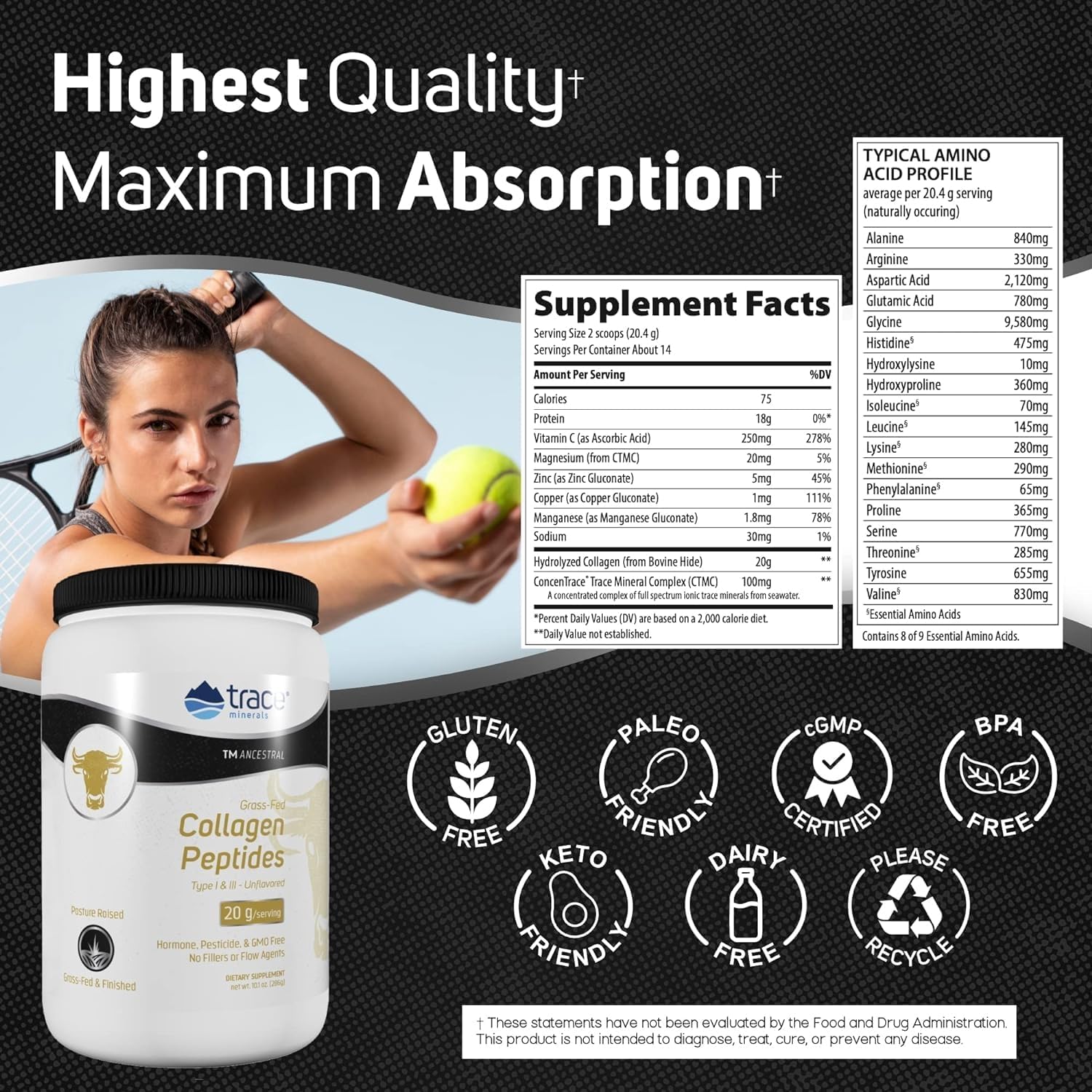 Unflavored Trace Minerals Collagen Peptides Powder - Supports Bone, Joint, Hair, Skin & Gut Health - 286g (14 Servings)