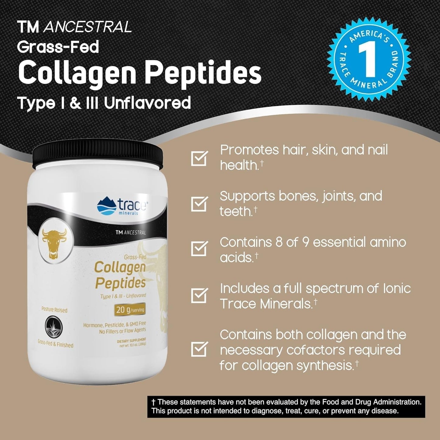 Unflavored Trace Minerals Collagen Peptides Powder - Supports Bone, Joint, Hair, Skin & Gut Health - 286g (14 Servings)