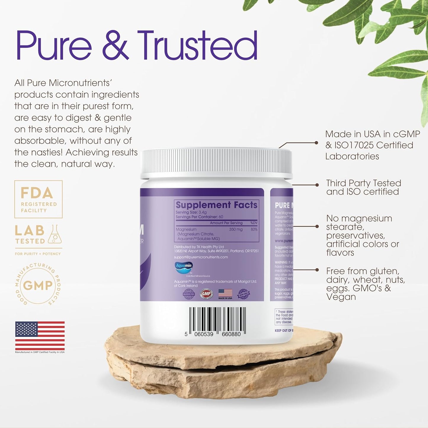 Unflavored Vegan Magnesium Citrate Powder for Sleep, Muscle, Bone Health & Energy - 60 Servings