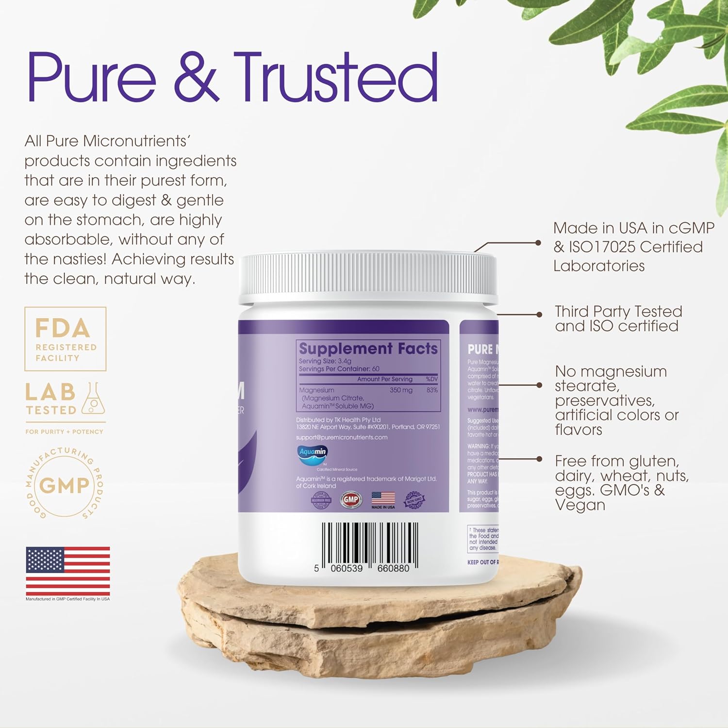 Unflavored Vegan Magnesium Citrate Powder for Sleep, Muscle, Bone Health & Energy - 60 Servings