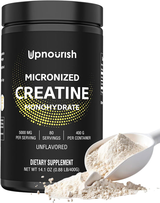 Unflavored Vegan Micronized Creatine Monohydrate Powder - 400g for Pre Workout, Muscle Building - Instantized Supplement for Men and Women - 80 Servings