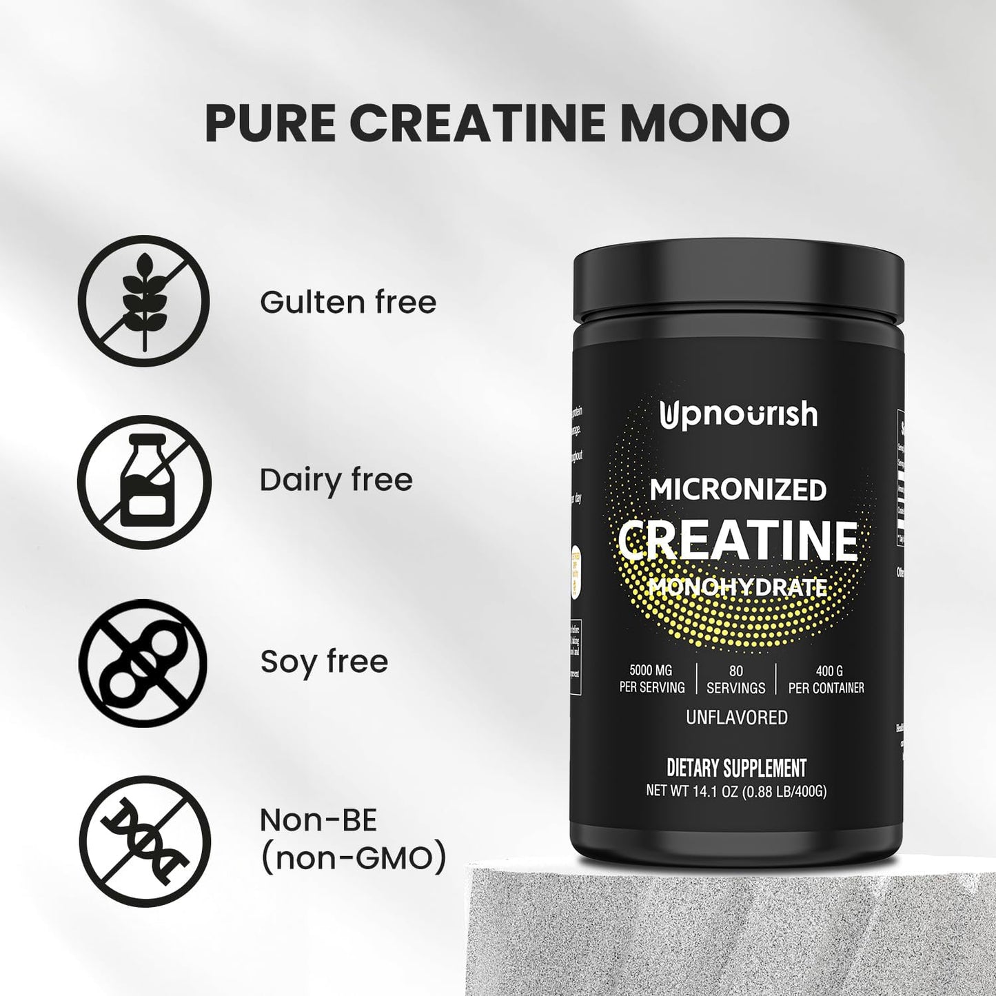 Unflavored Vegan Micronized Creatine Monohydrate Powder - 400g for Pre Workout, Muscle Building - Instantized Supplement for Men and Women - 80 Servings