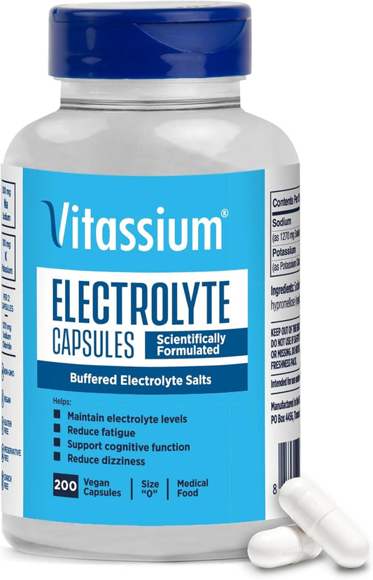 Unflavored Vitassium Electrolyte Capsules, 200 Count - Ideal for Managing POTS and High Sodium Diets