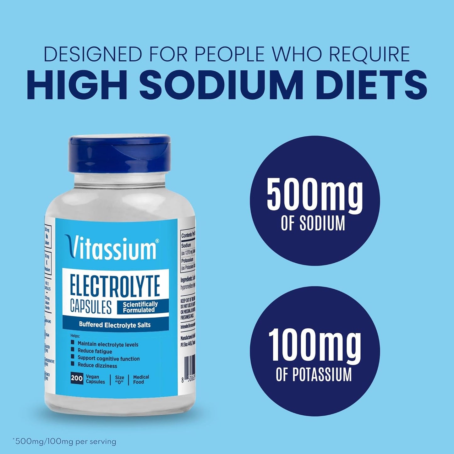 Unflavored Vitassium Electrolyte Capsules, 200 Count - Ideal for Managing POTS and High Sodium Diets