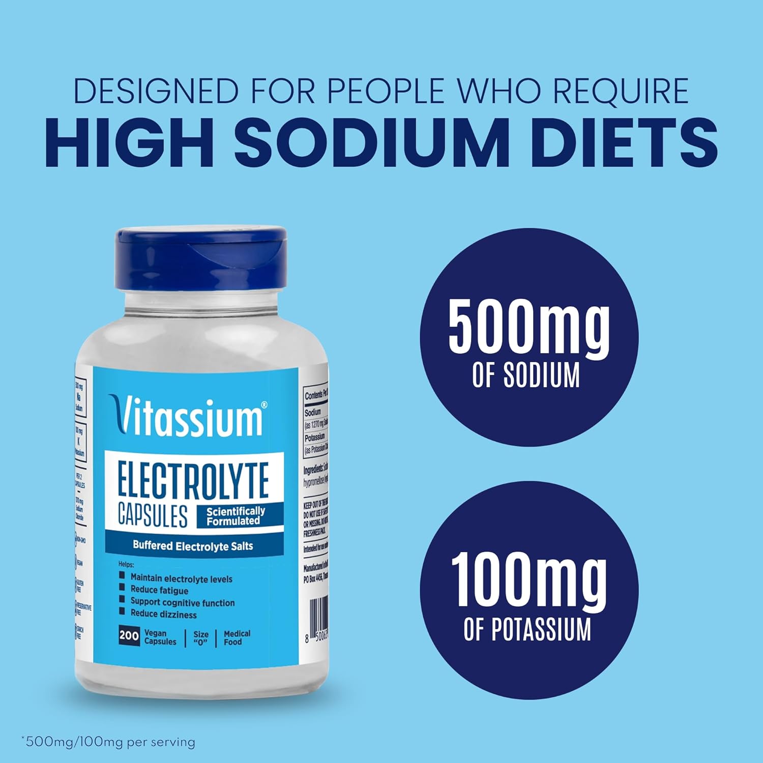 Unflavored Vitassium Electrolyte Capsules, 200 Count - Ideal for Managing POTS and High Sodium Diets