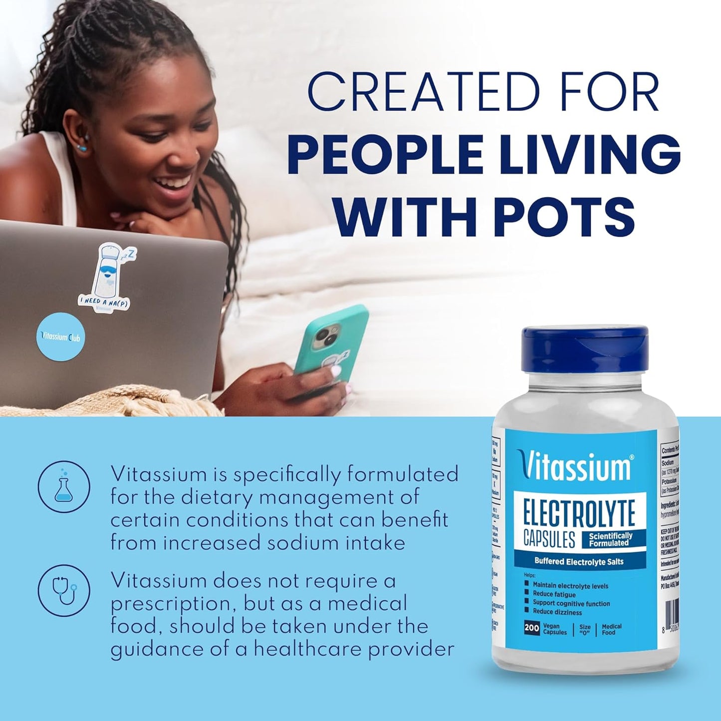 Unflavored Vitassium Electrolyte Capsules, 200 Count - Ideal for Managing POTS and High Sodium Diets