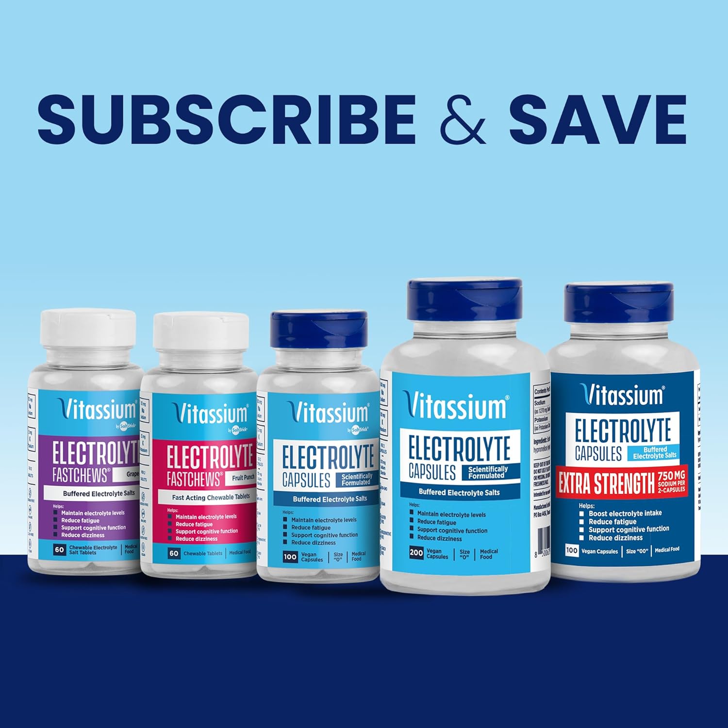 Unflavored Vitassium Electrolyte Capsules, 200 Count - Ideal for Managing POTS and High Sodium Diets