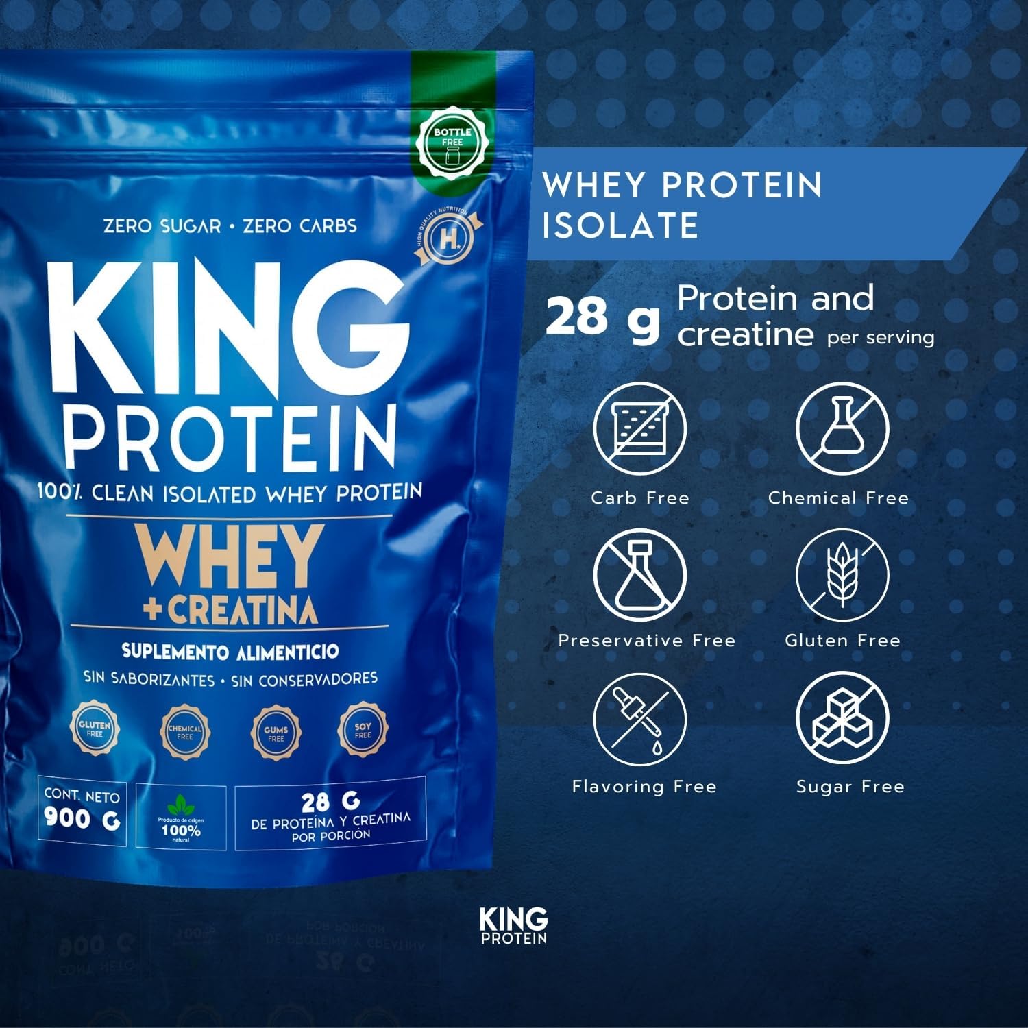 Unflavored Whey Protein Isolate Powder with Creatine - 23g Protein, 5g Creatine, Organic BCAA - Natural, Carb-Free, Preservative-Free - 1.98lb, 30 Servings