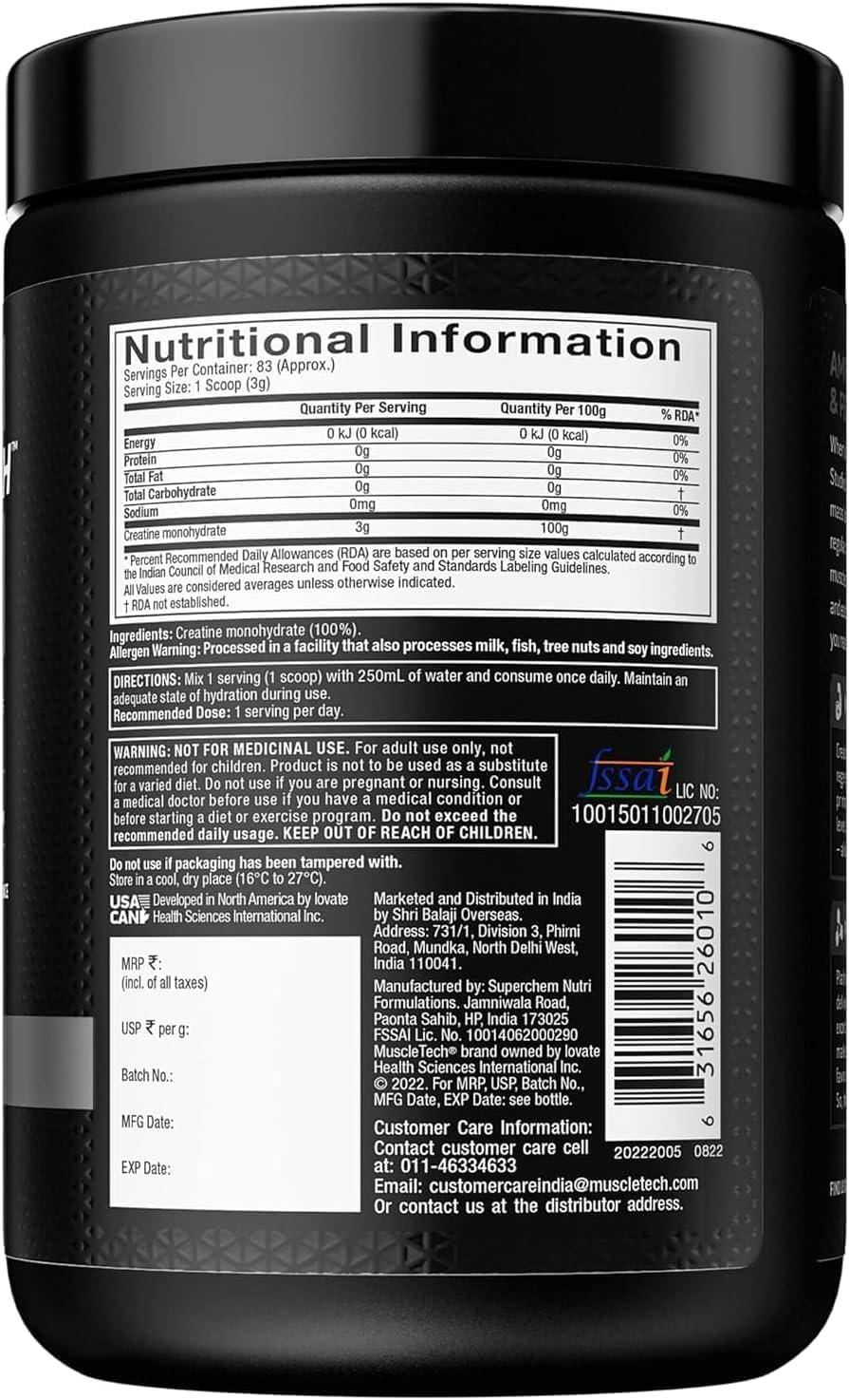 Unflavoured Creatine Powder - 250g, 83 Servings, Build Muscle Power & Strength, Scientifically Researched Performance Enhancer