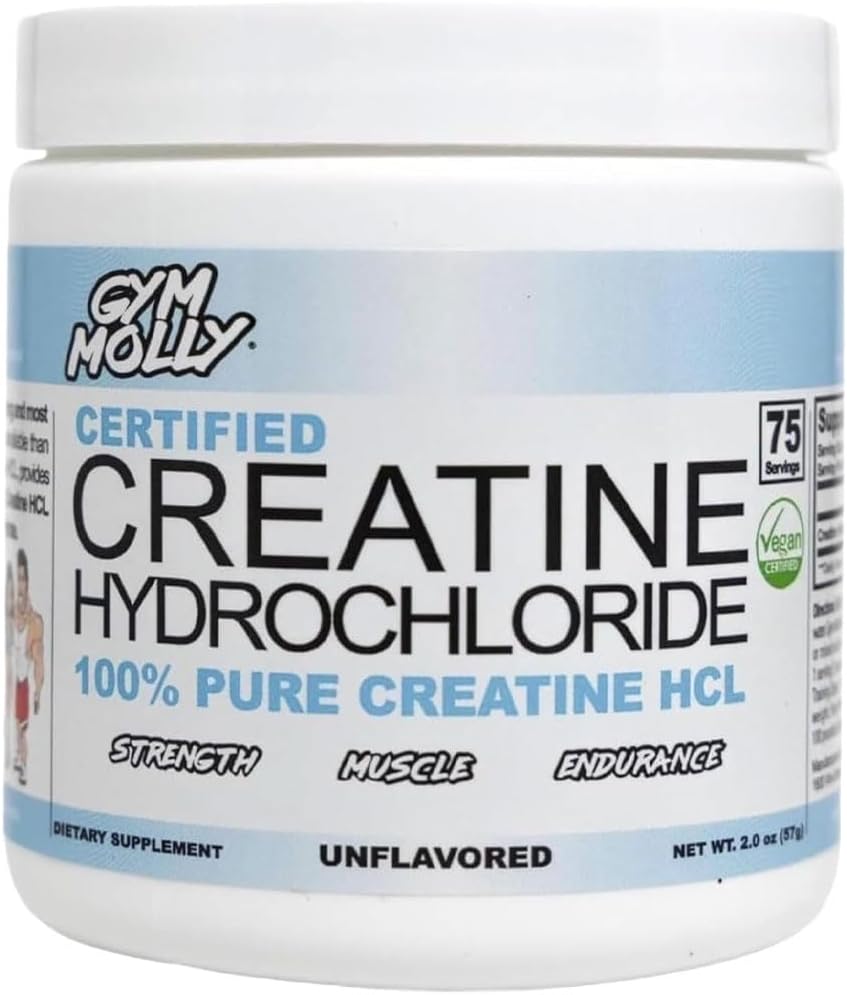 Unflavoured Vegan Gym Molly Creatine Hydrochloride Powder - Muscle Builder Workout Supplement for Men and Women - Highly Soluble Creatine HCL - 75 Servings, 750mg