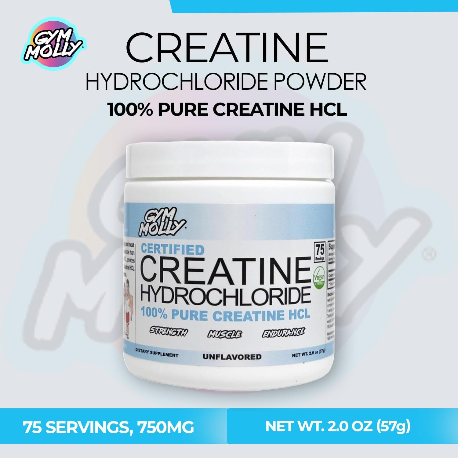 Unflavoured Vegan Gym Molly Creatine Hydrochloride Powder - Muscle Builder Workout Supplement for Men and Women - Highly Soluble Creatine HCL - 75 Servings, 750mg