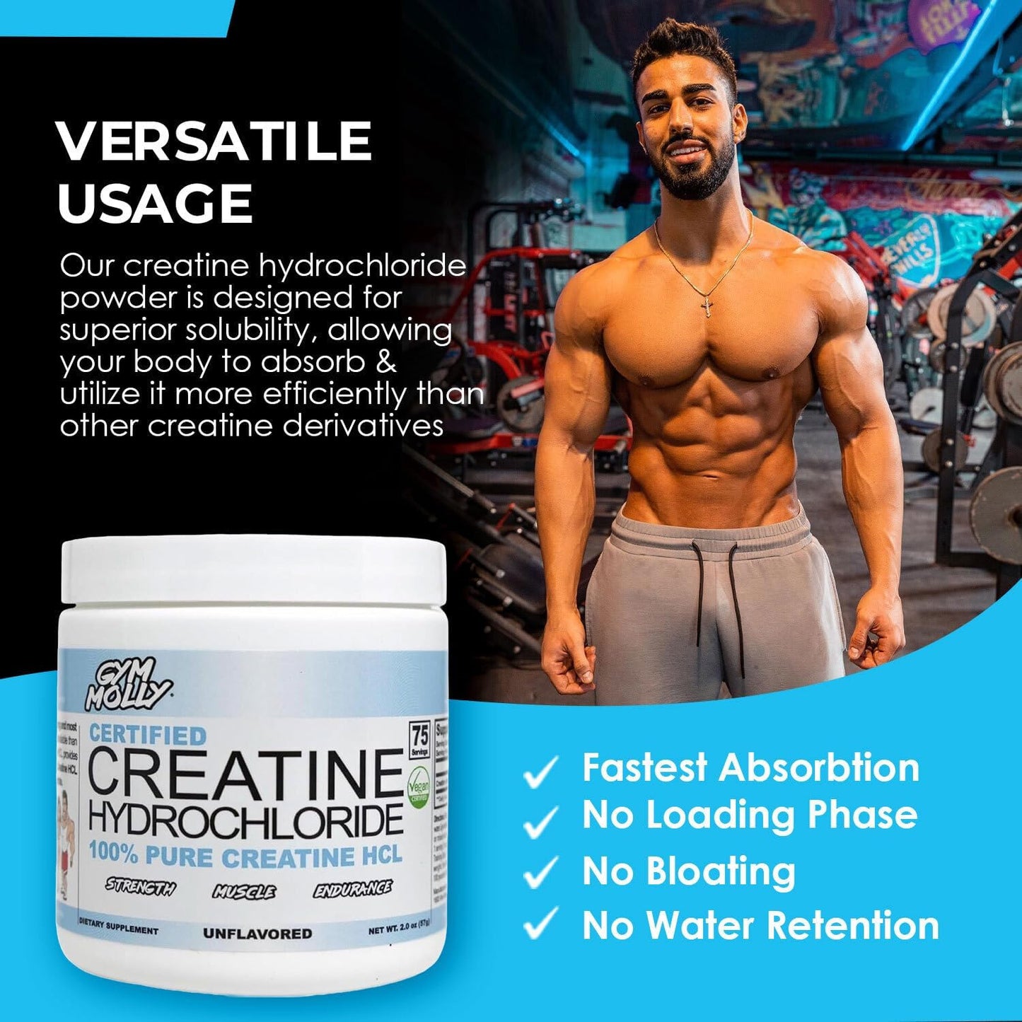 Unflavoured Vegan Gym Molly Creatine Hydrochloride Powder - Muscle Builder Workout Supplement for Men and Women - Highly Soluble Creatine HCL - 75 Servings, 750mg