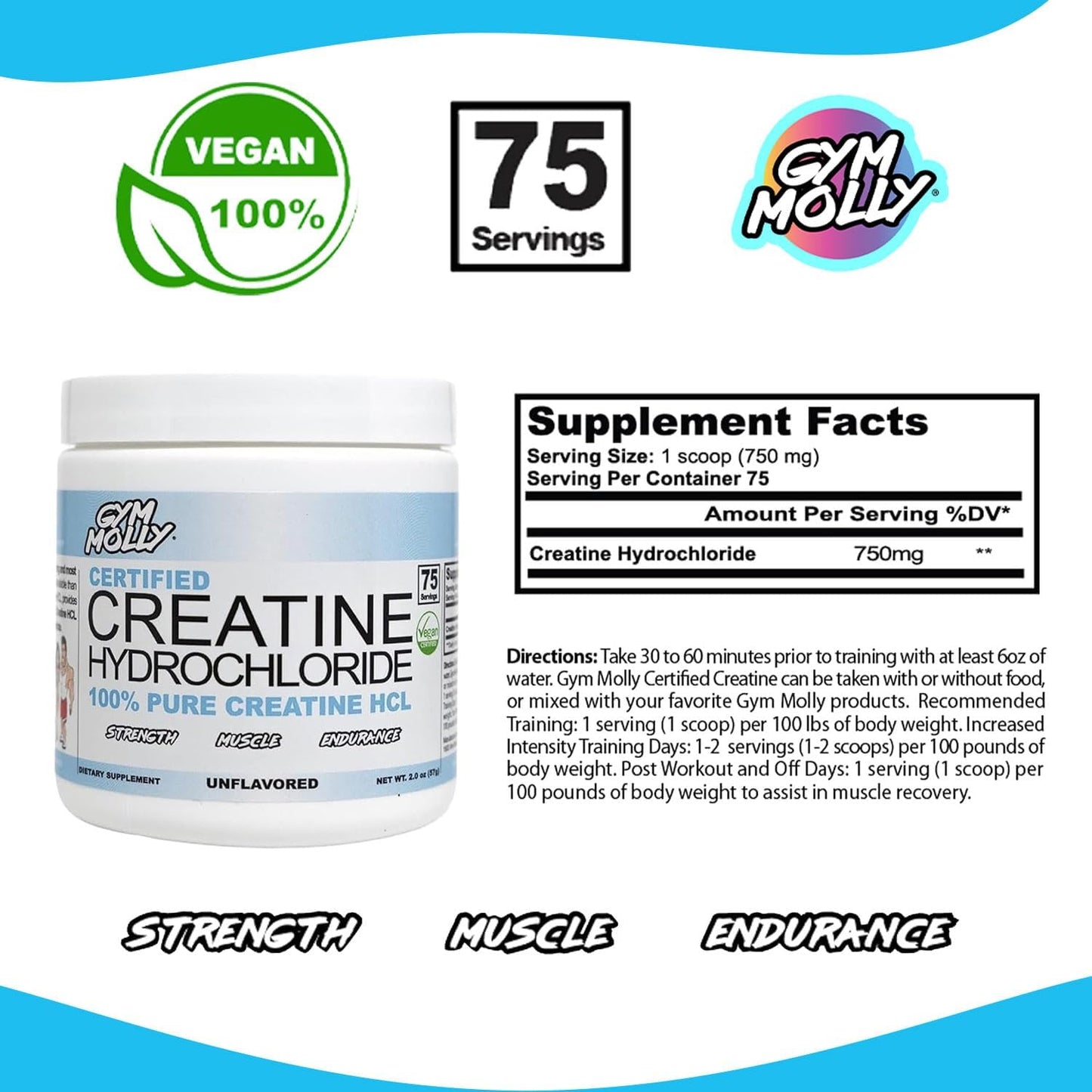 Unflavoured Vegan Gym Molly Creatine Hydrochloride Powder - Muscle Builder Workout Supplement for Men and Women - Highly Soluble Creatine HCL - 75 Servings, 750mg