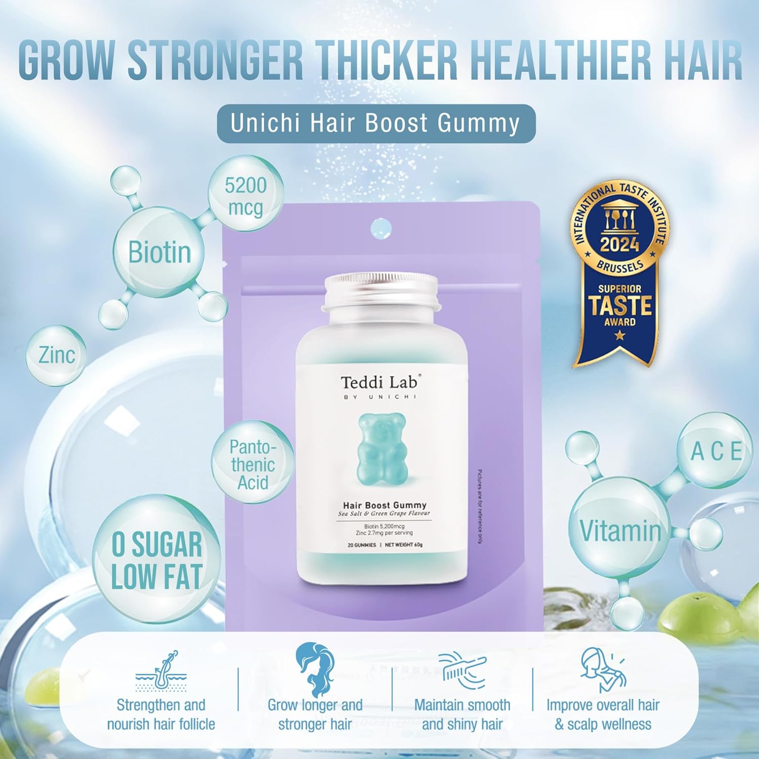 Unichi Hair Boost Gummy - 20 Count, 5200mcg Biotin with Zinc, Pantothenic Acid, Vitamin A C E - Stronger, Thicker Hair - Sea Salt & Green Grape Flavor - Great Taste