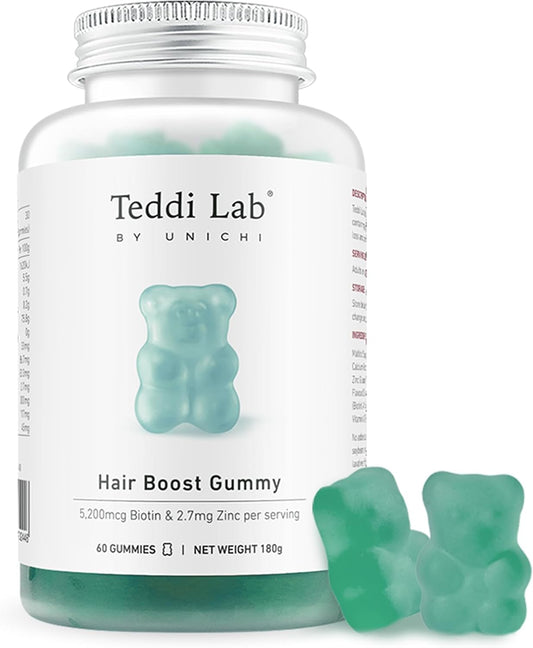 Unichi Hair Boost Gummy with 5200mcg Biotin, Zinc, Pantothenic Acid - Stronger, Thicker Hair, Sea Salt & Green Grape Flavour, 60 Count