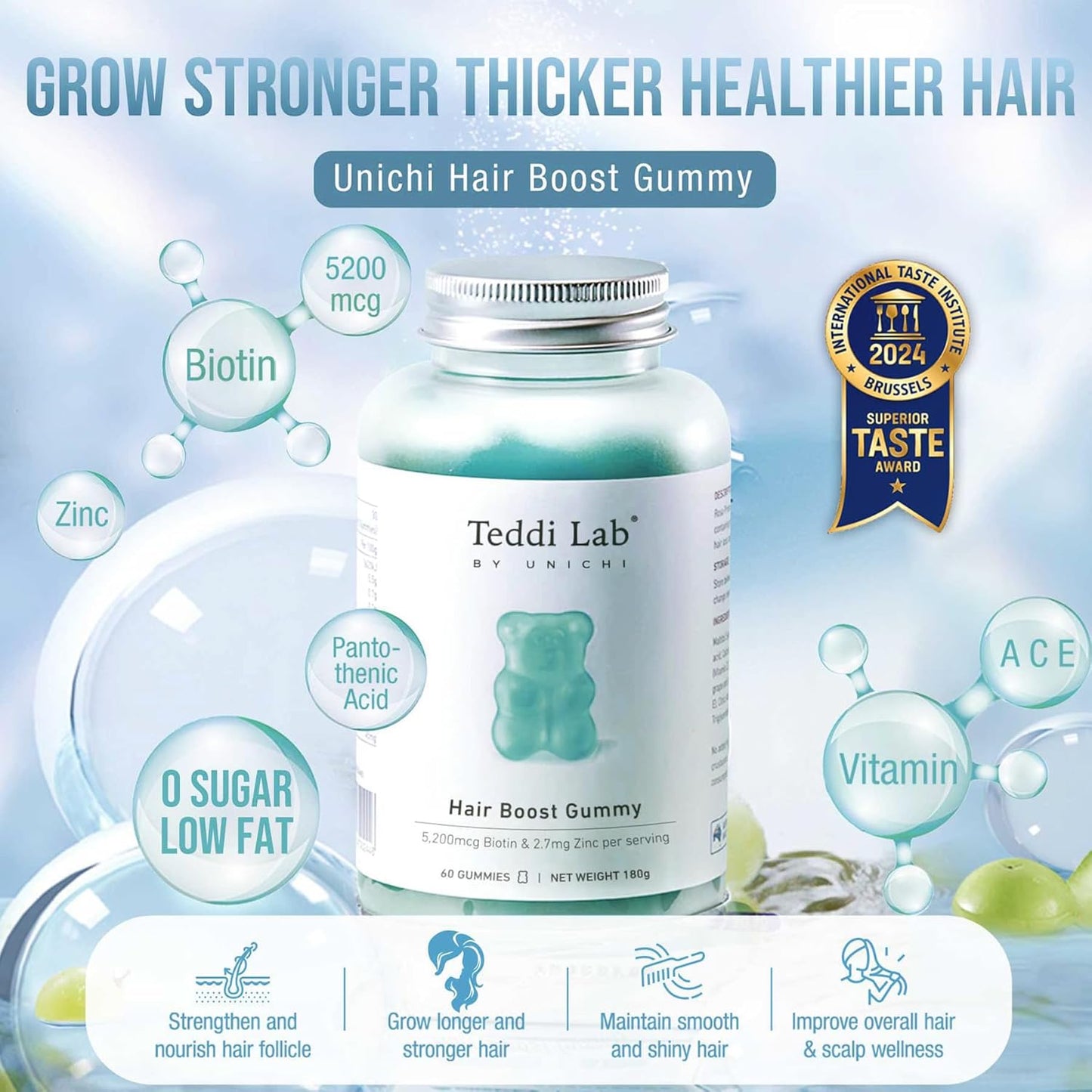 Unichi Hair Boost Gummy with 5200mcg Biotin, Zinc, Pantothenic Acid - Stronger, Thicker Hair, Sea Salt & Green Grape Flavour, 60 Count