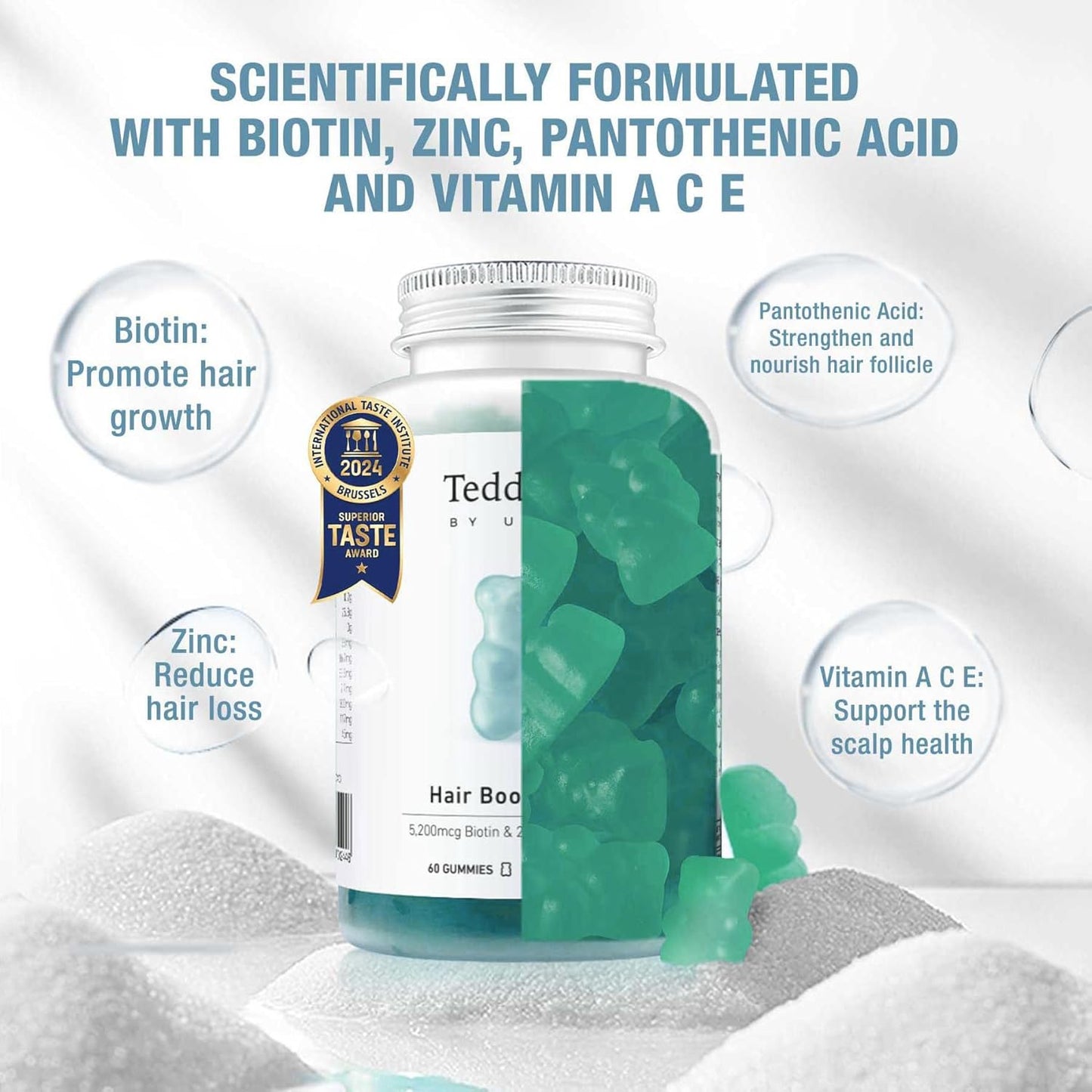Unichi Hair Boost Gummy with 5200mcg Biotin, Zinc, Pantothenic Acid - Stronger, Thicker Hair, Sea Salt & Green Grape Flavour, 60 Count