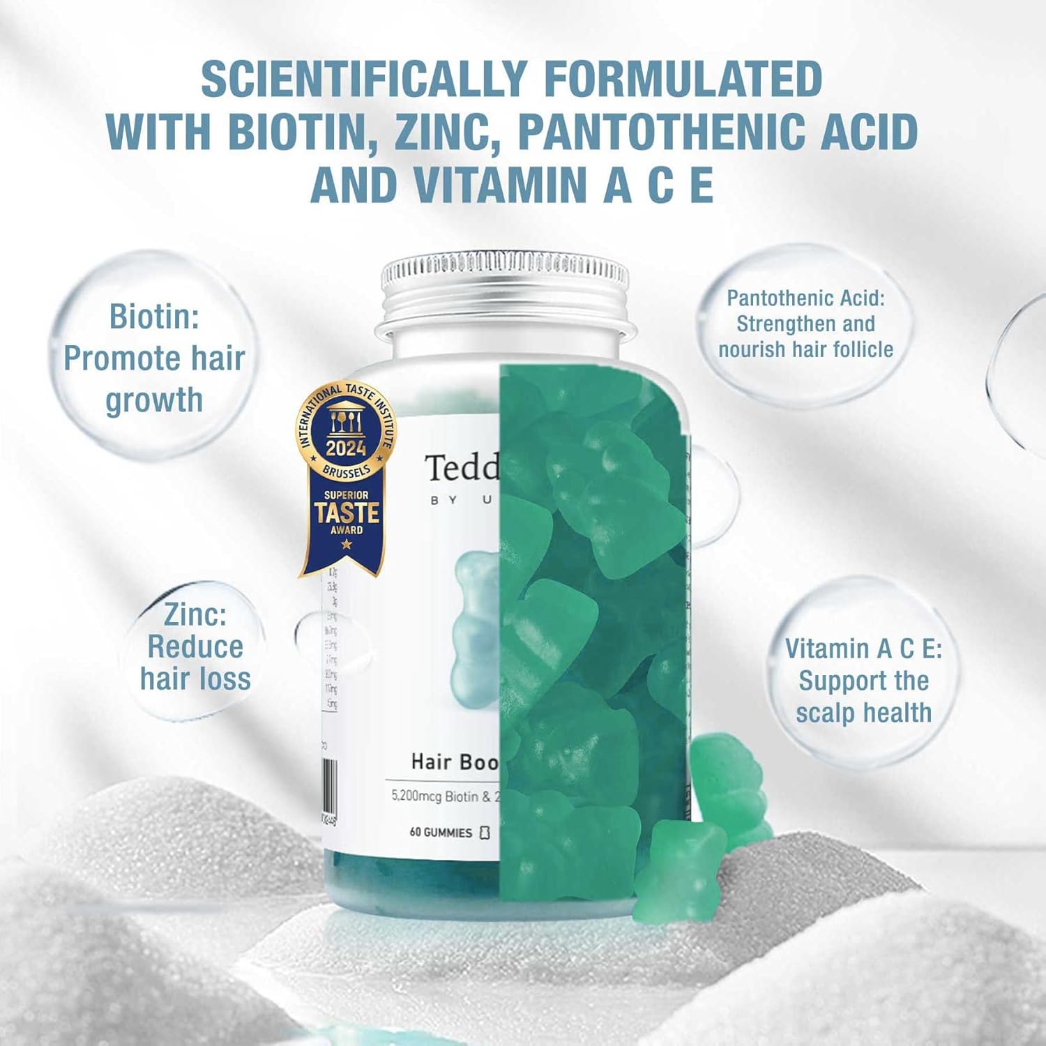 Unichi Hair Boost Gummy with 5200mcg Biotin, Zinc, Pantothenic Acid - Stronger, Thicker Hair, Sea Salt & Green Grape Flavour, 60 Count