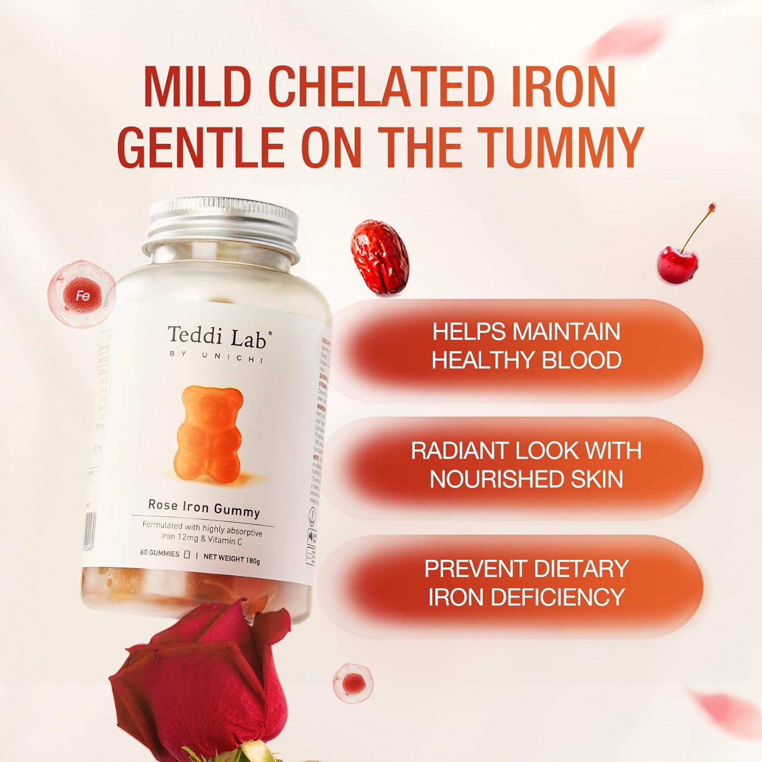 Unichi Rose Iron Gummy with 12mg Highly Absorptive Iron and Vitamin C for Healthy Blood, Rose & Date Flavor - 60 Count
