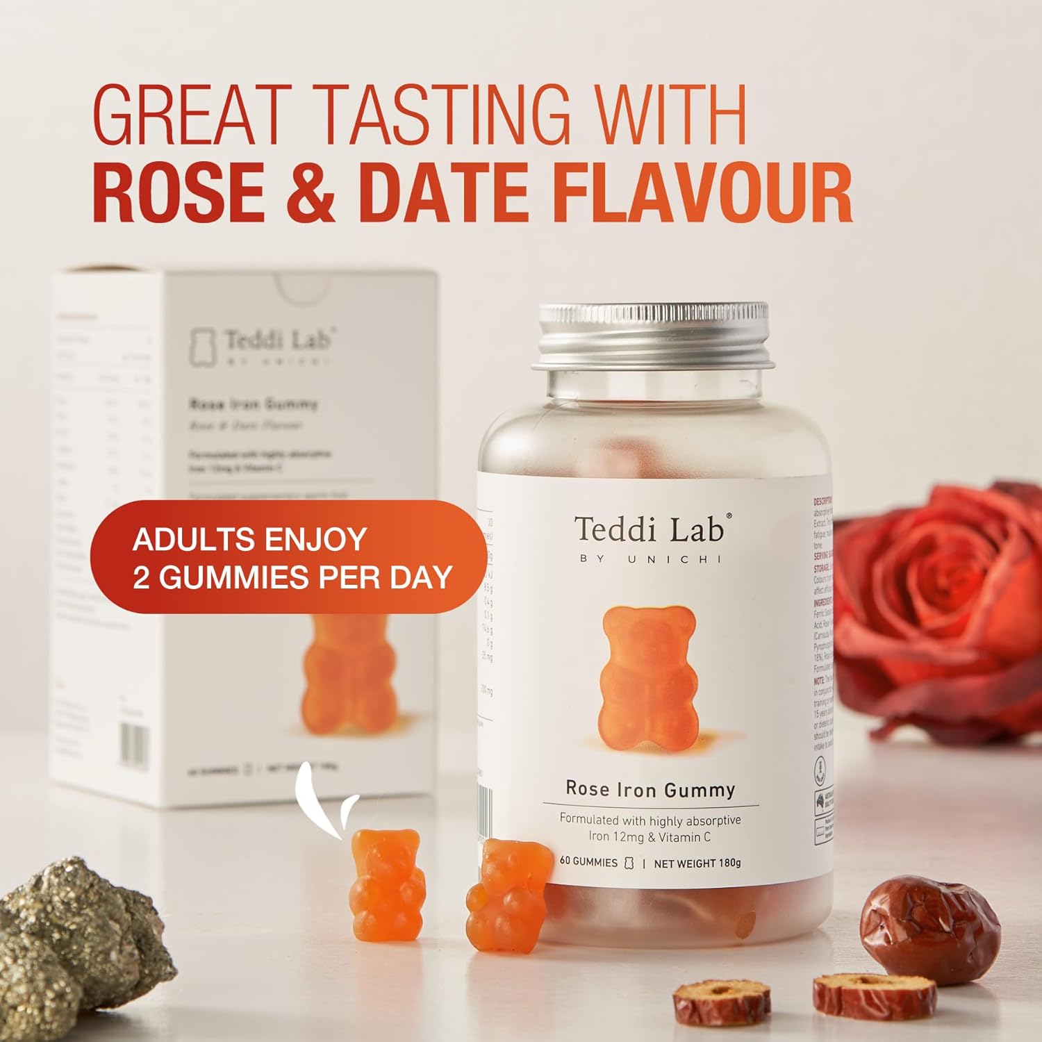 Unichi Rose Iron Gummy with 12mg Highly Absorptive Iron and Vitamin C for Healthy Blood, Rose & Date Flavor - 60 Count